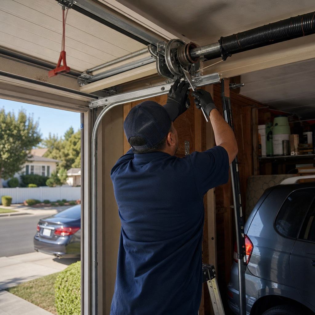 Professional performing emergency garage door repair work
