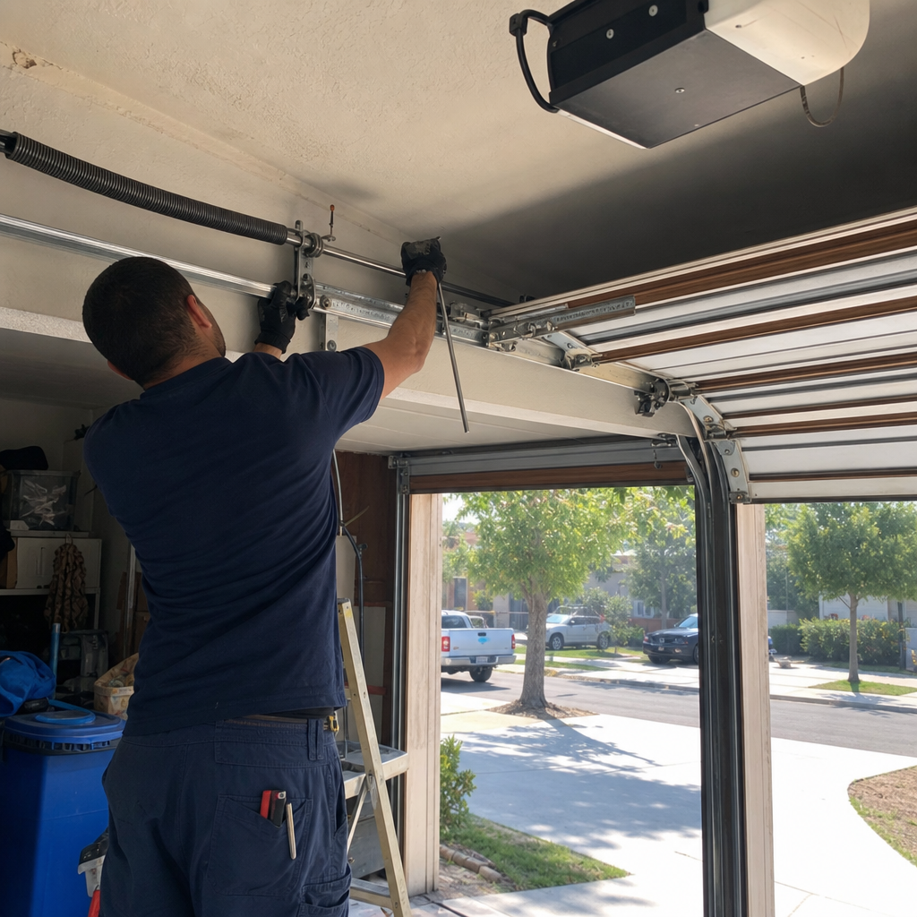 Garage door technician repairing spring system during emergency service in Los Angeles, CA