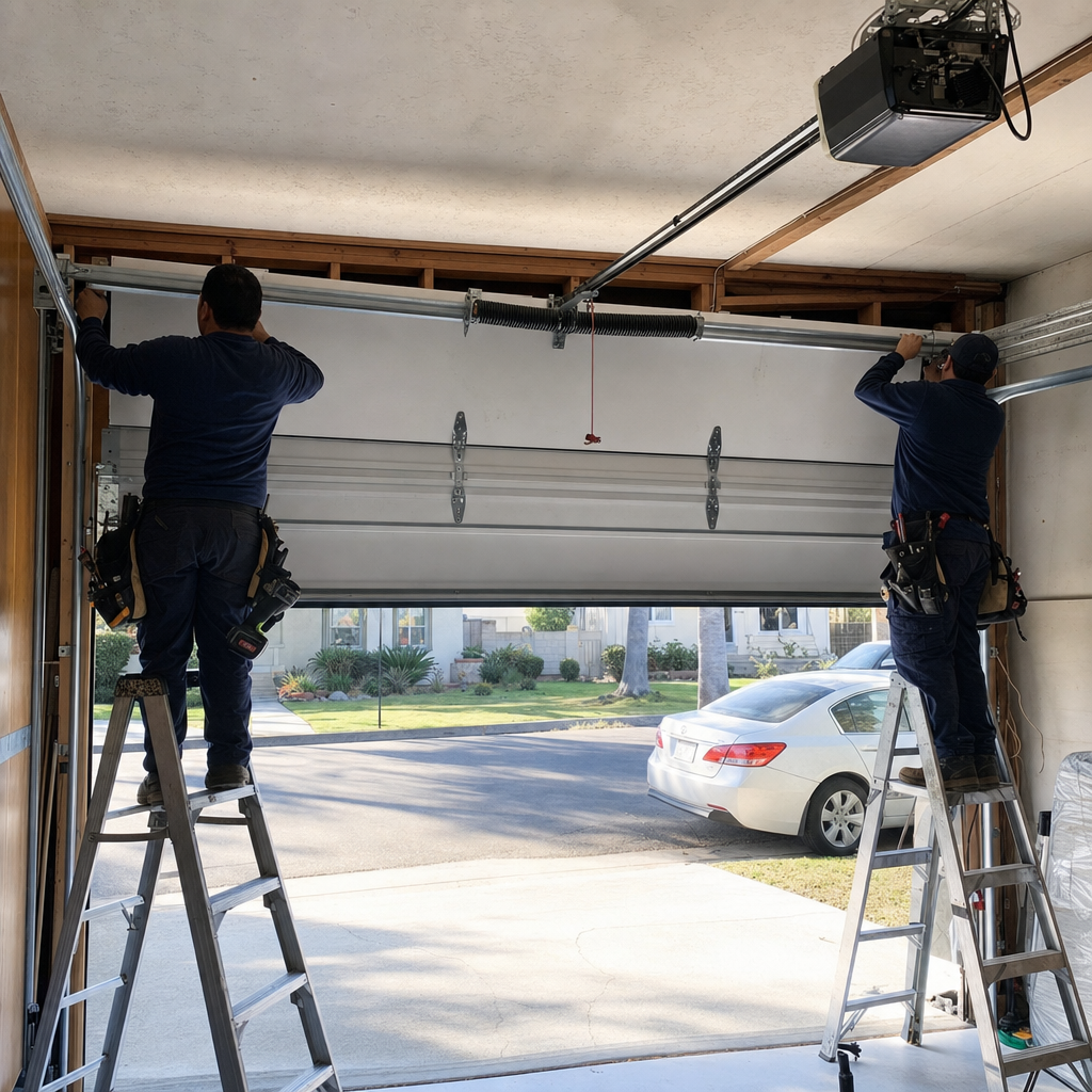 Technicians install garage door from ladders