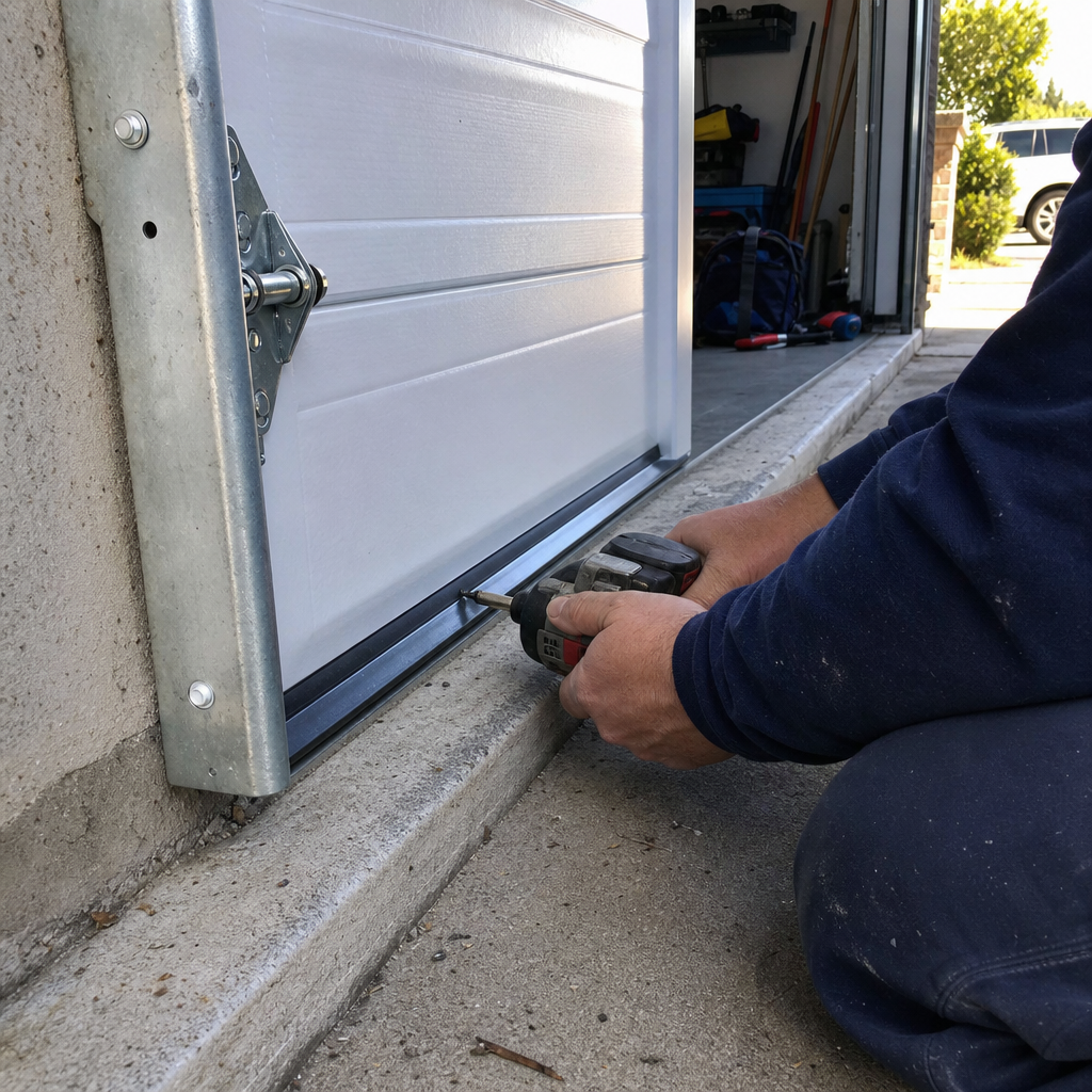 Garage door installation: installing bottom seal with drill