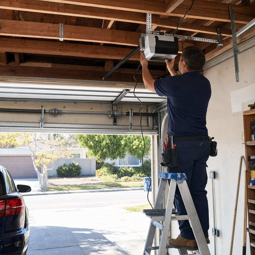 Technician installing garage door opener on ladder