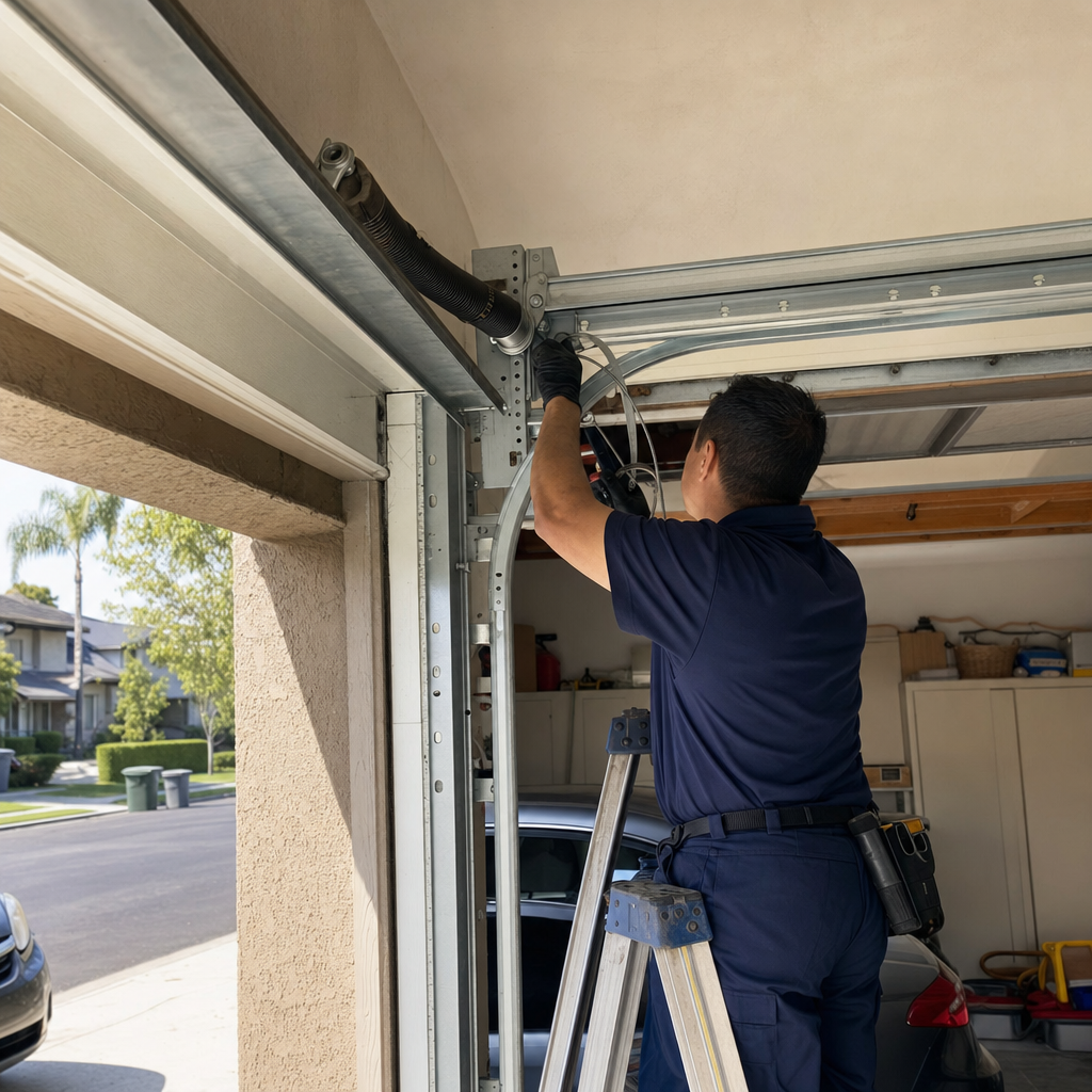 Technician performing garage door parts installation and repair