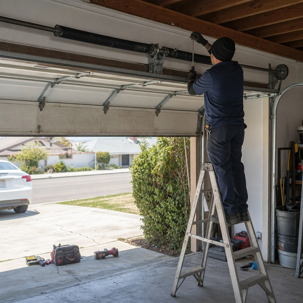 Garage door repair technician working on spring