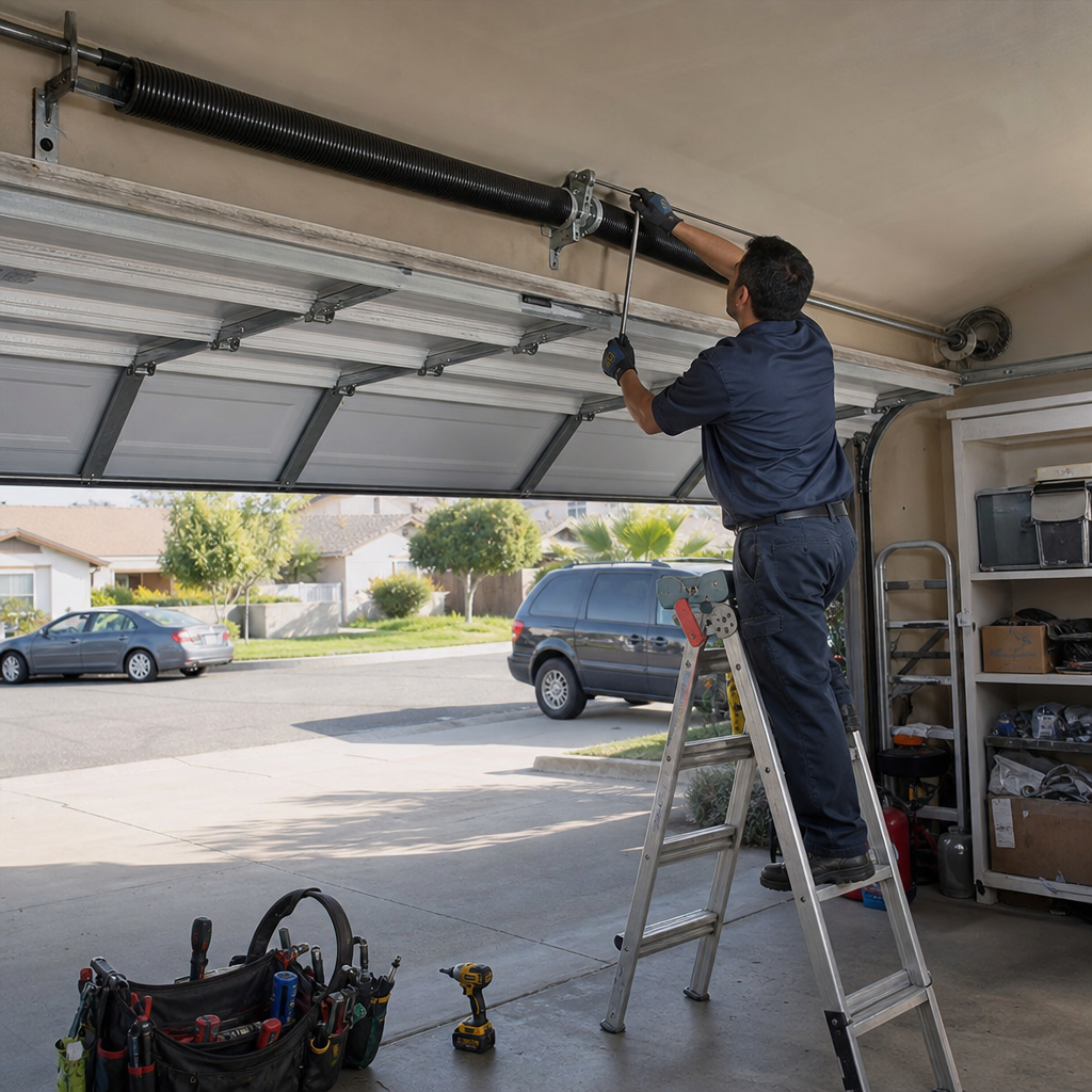 Garage door repair technician adjusting a torsion spring